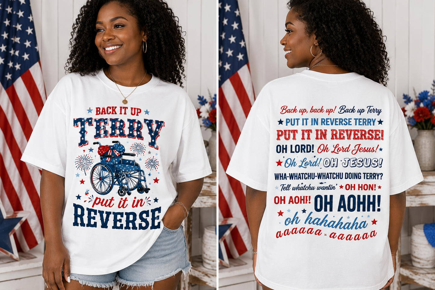 Woman wearing a white t-shirt with humorous text and graphics, standing in front of an American flag.