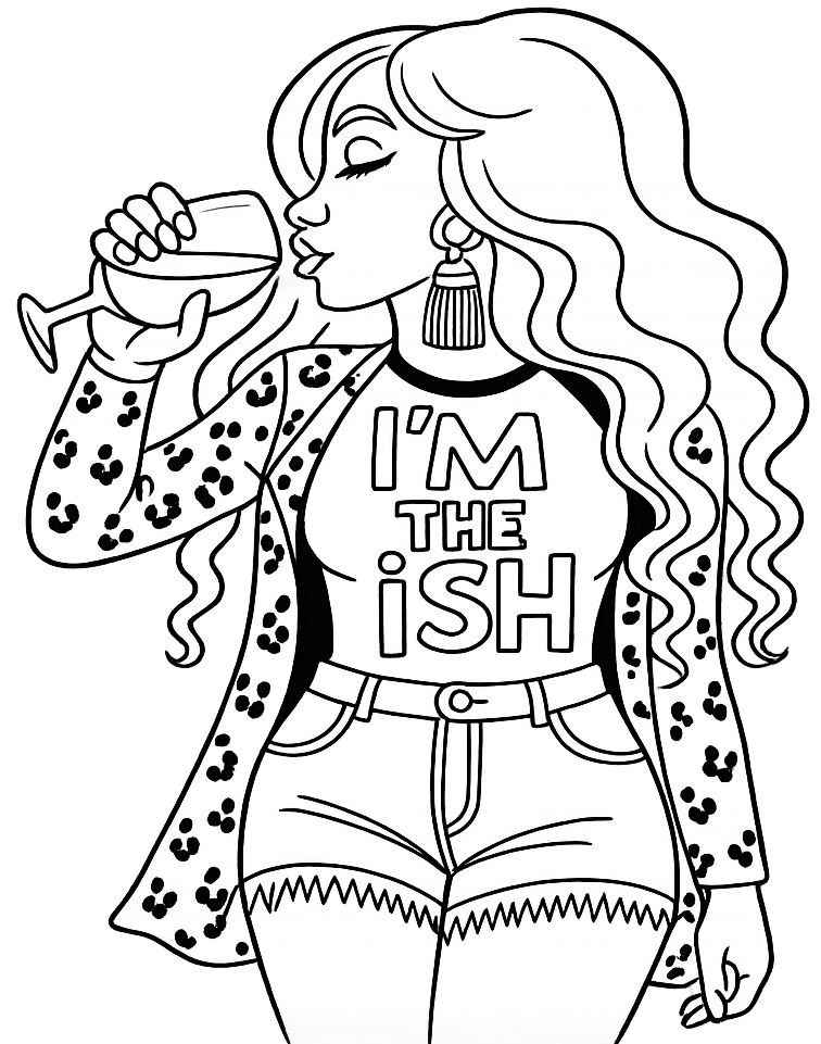 Black and white line art of a woman drinking from a glass with text on her shirt.