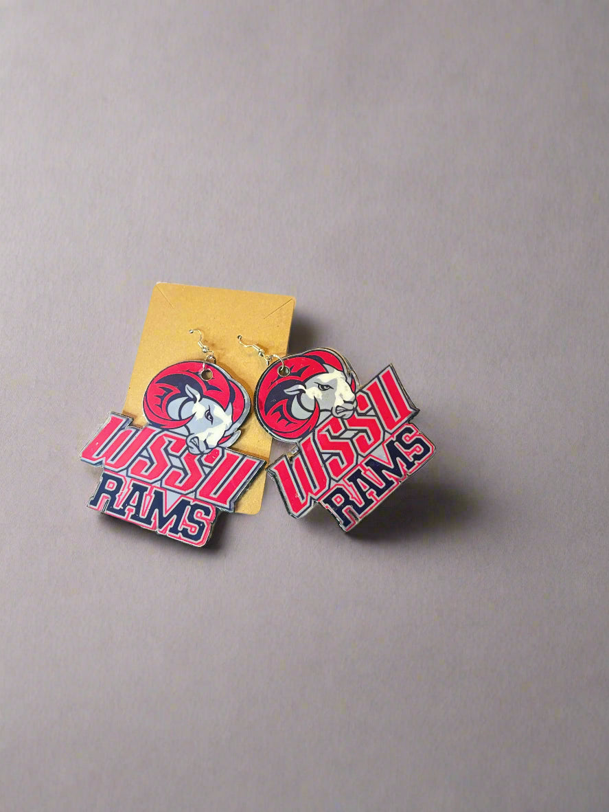 Pair of earrings with 'WSSU Rams' design on a beige background