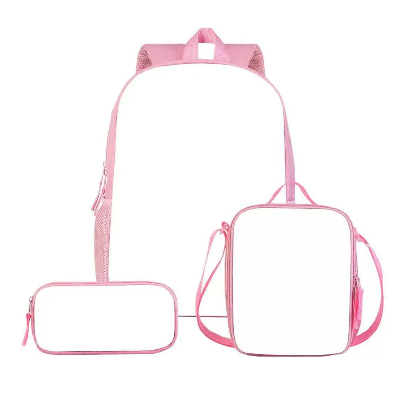 Clear backpack with pink straps and a matching clear pouch on a white background