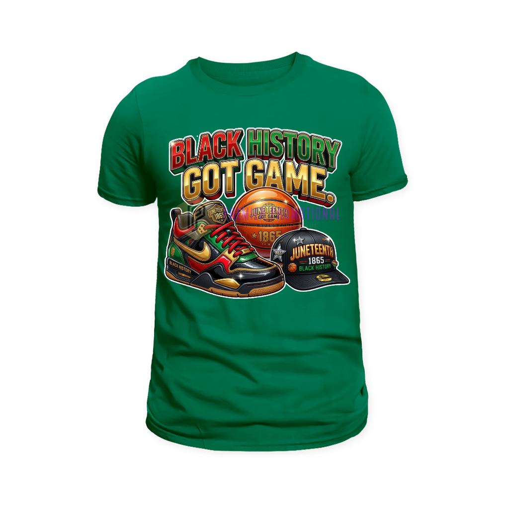 Green t-shirt with 'Black History Got Game' graphic design on a white background