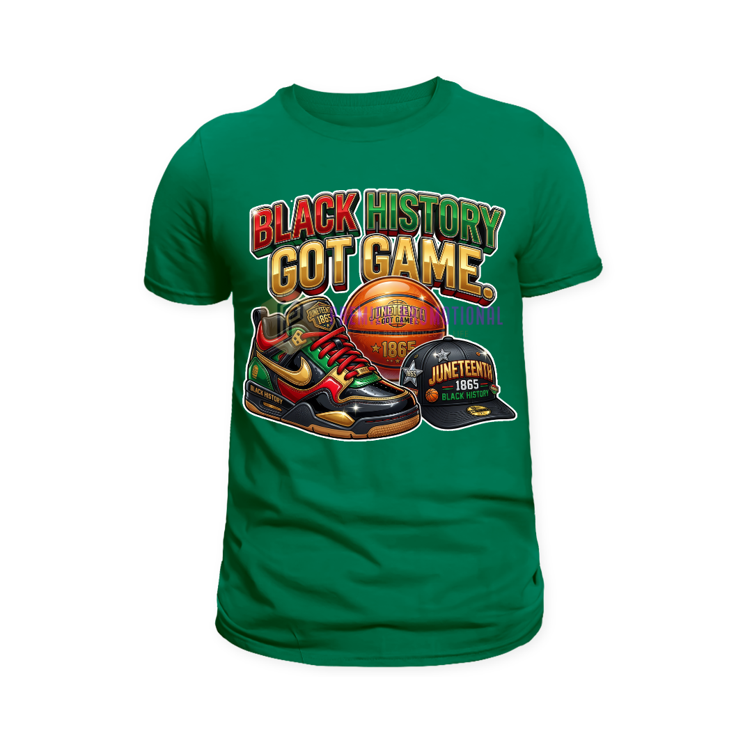 Green t-shirt with 'Black History Got Game' graphic design on a white background