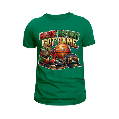 Green t-shirt with 'Black History Got Game' graphic design on a white background