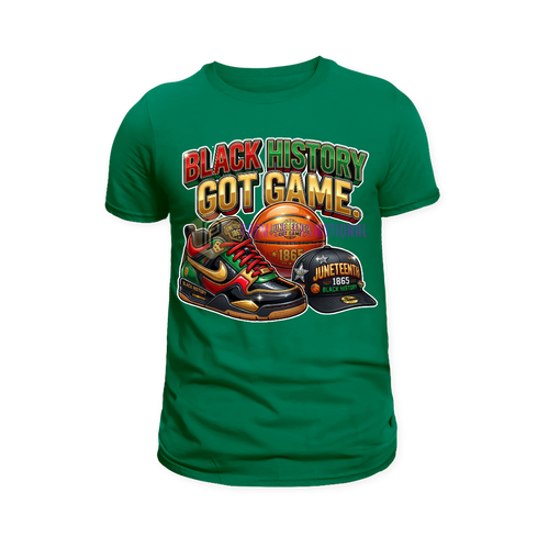 Green t-shirt with 'Black History Got Game' graphic design on a white background