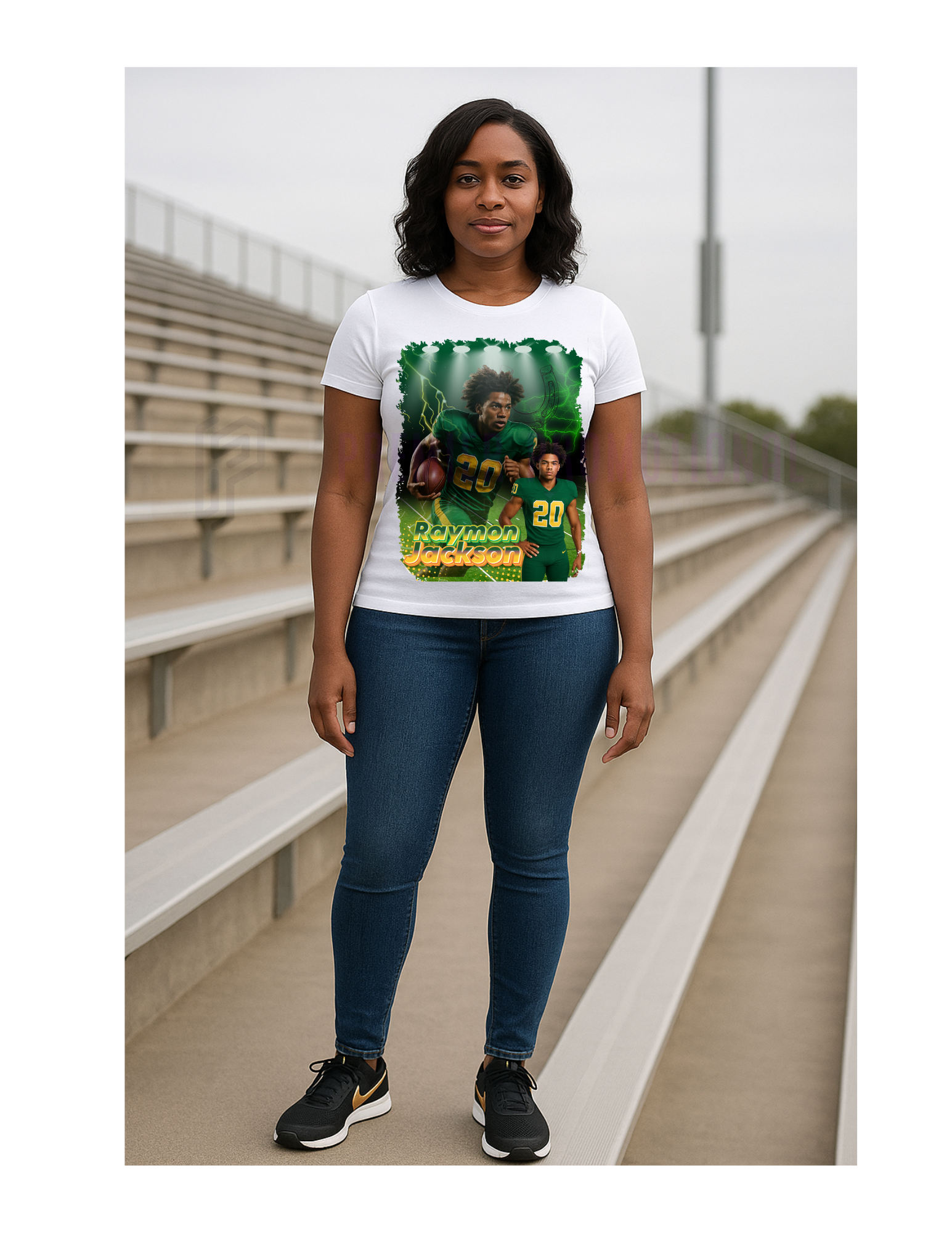 Person wearing a white t-shirt with a graphic design on a bleacher background