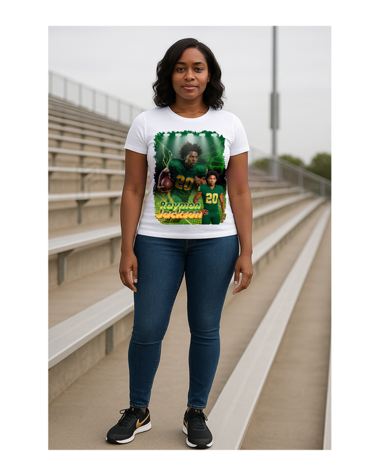 Person wearing a white t-shirt with a graphic design on a bleacher background