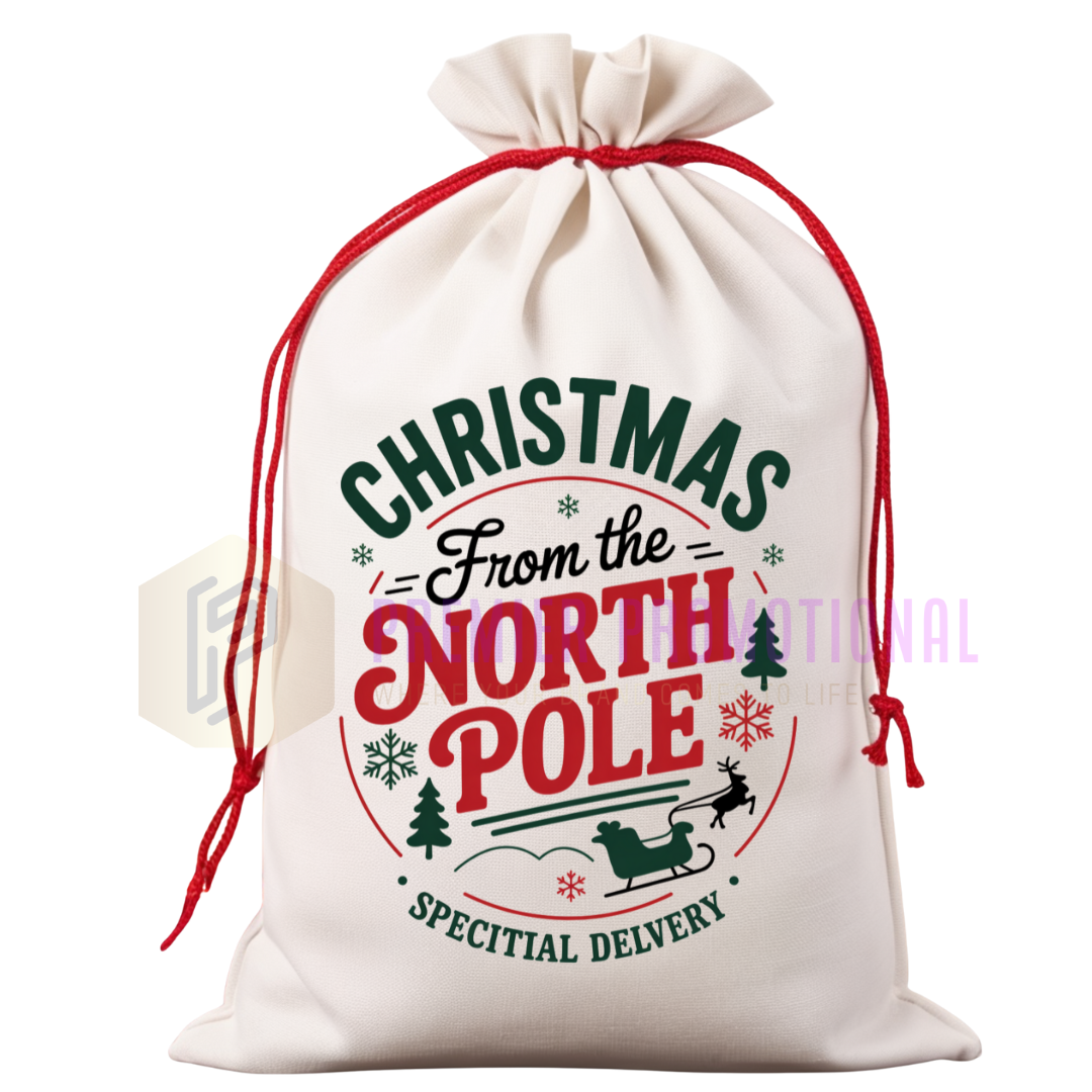 White drawstring bag with Christmas-themed text and graphics on a white background