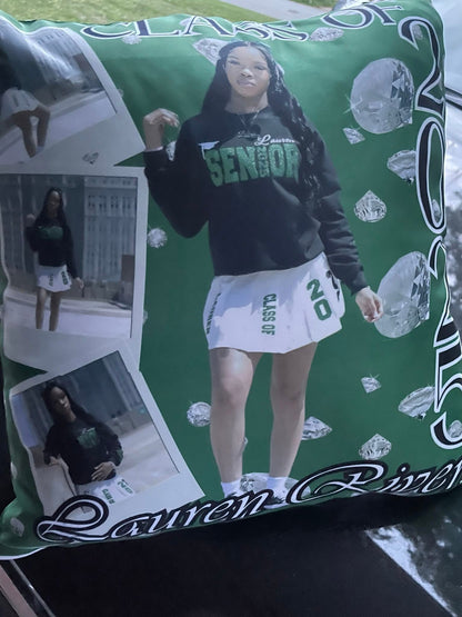 A custom graduation photo and diploma keepsake pillow with a senior photo and diploma replica printed on it.
