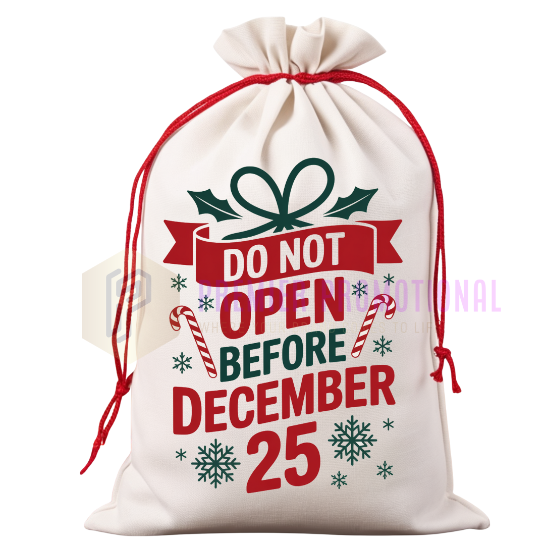 Christmas-themed drawstring bag with text 'Do Not Open Before December 25' on a white background