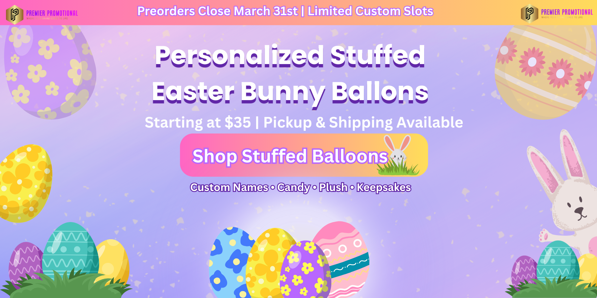 Promotional banner for personalized stuffed Easter bunny balloons with colorful eggs and bunnies on a purple background.