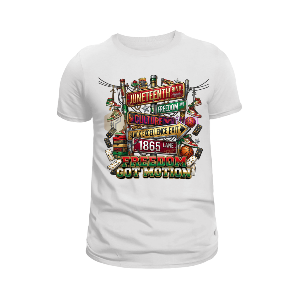 White t-shirt with colorful graphic design on a white background
