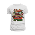 White t-shirt with colorful graphic design on a white background