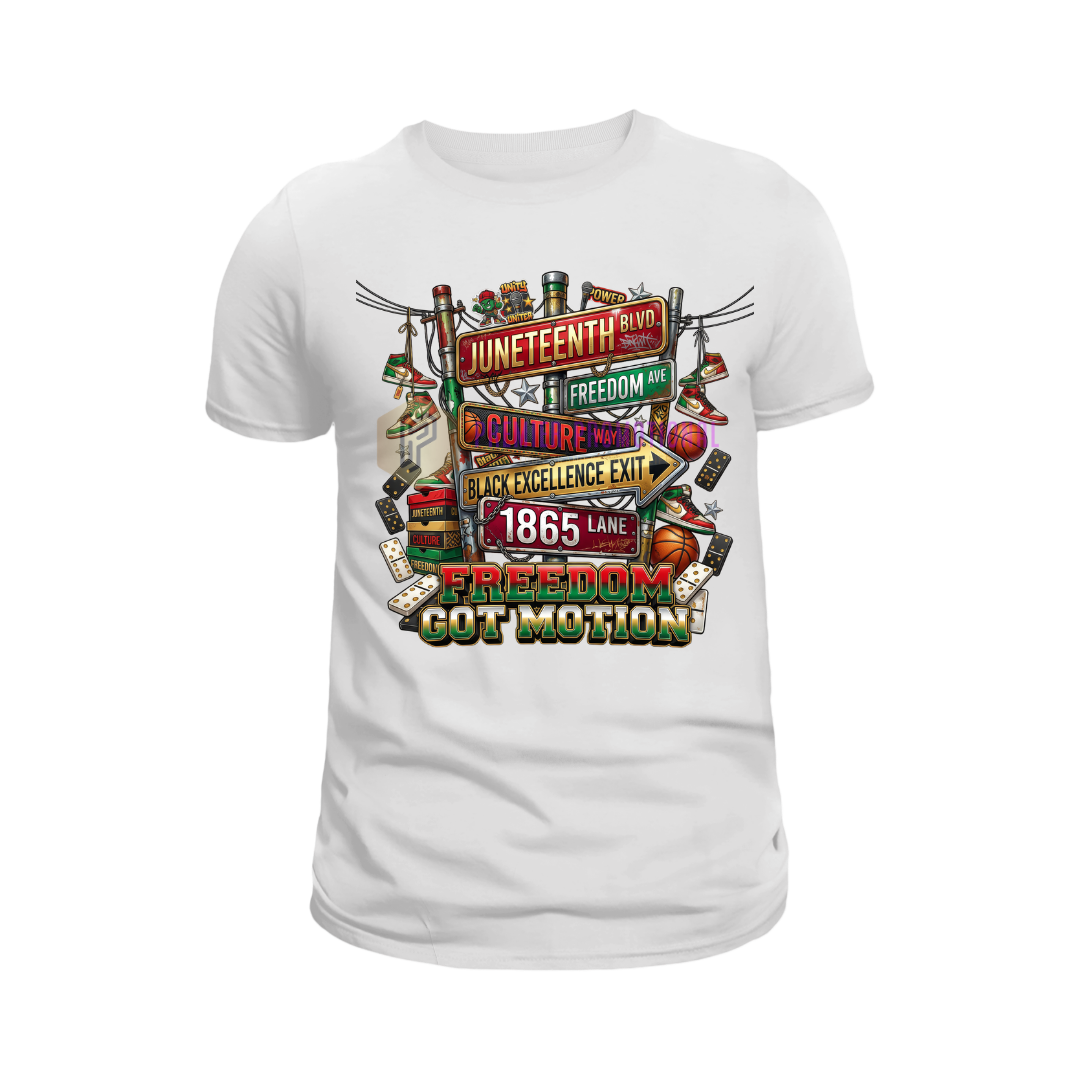 White t-shirt with colorful graphic design on a white background