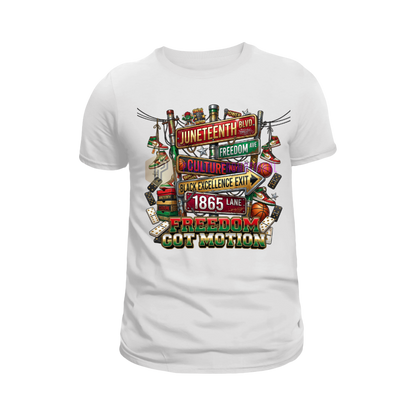White t-shirt with colorful graphic design on a white background