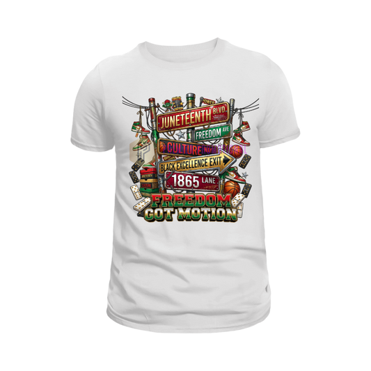 White t-shirt with colorful graphic design on a white background