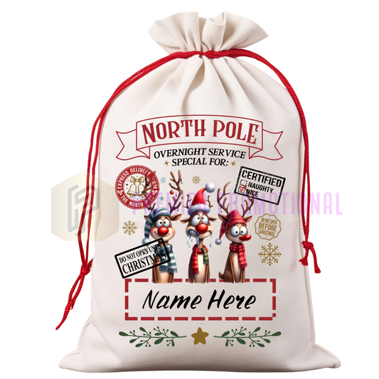 Personalized Christmas gift bag with reindeer design and text on a white background