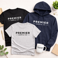 Black t-shirt, gray t-shirt, navy hoodie, and white mug with 'Premier Sample Co.' branding on a light background.
