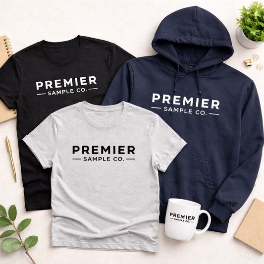 Black t-shirt, gray t-shirt, navy hoodie, and white mug with 'Premier Sample Co.' branding on a light background.