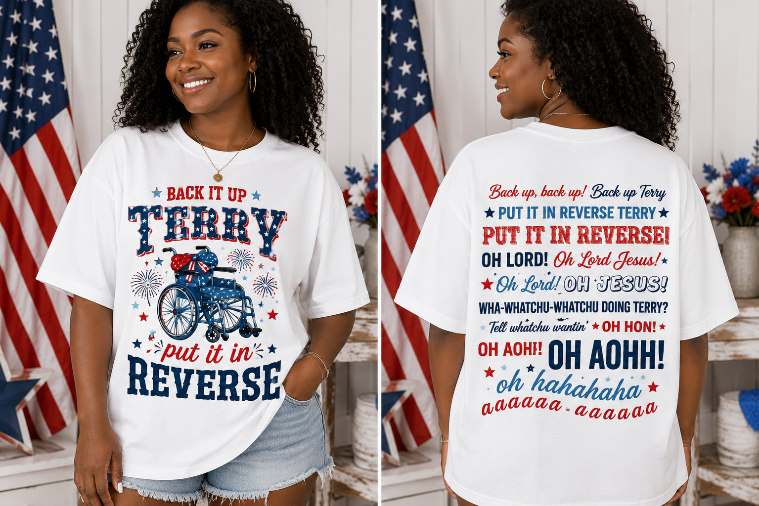 Woman wearing a white t-shirt with humorous text and graphics, standing in front of an American flag.