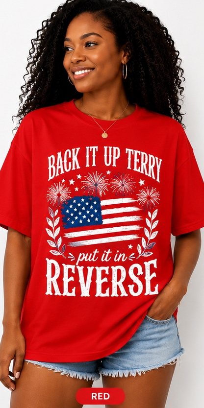 Woman wearing a red t-shirt with a patriotic design and text.