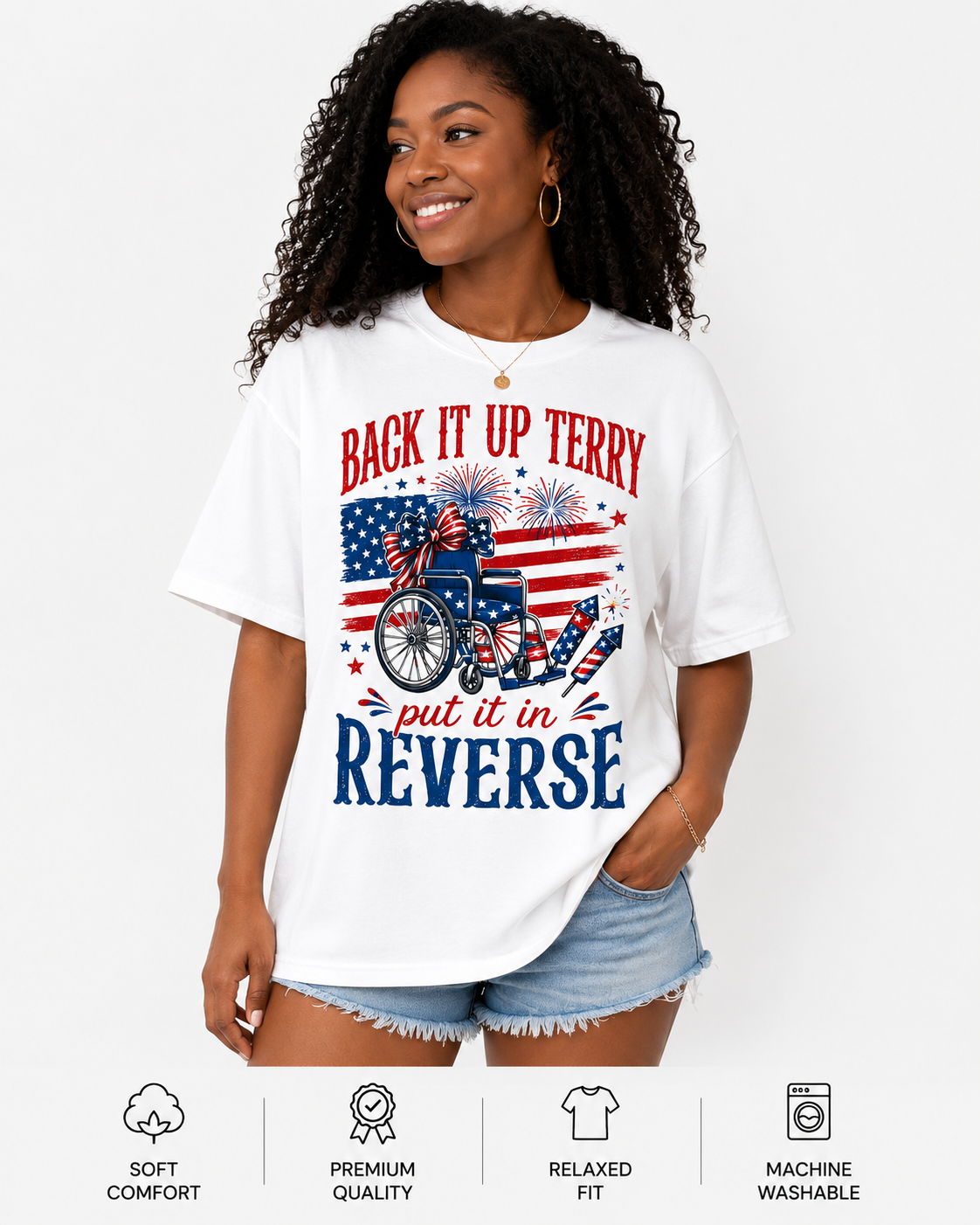 Woman wearing a white t-shirt with a graphic design and text, standing against a white background.