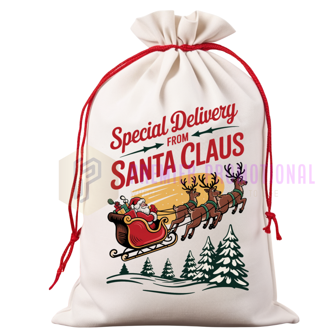 White drawstring bag with Santa Claus and reindeer design and text 'Special Delivery from Santa Claus'.