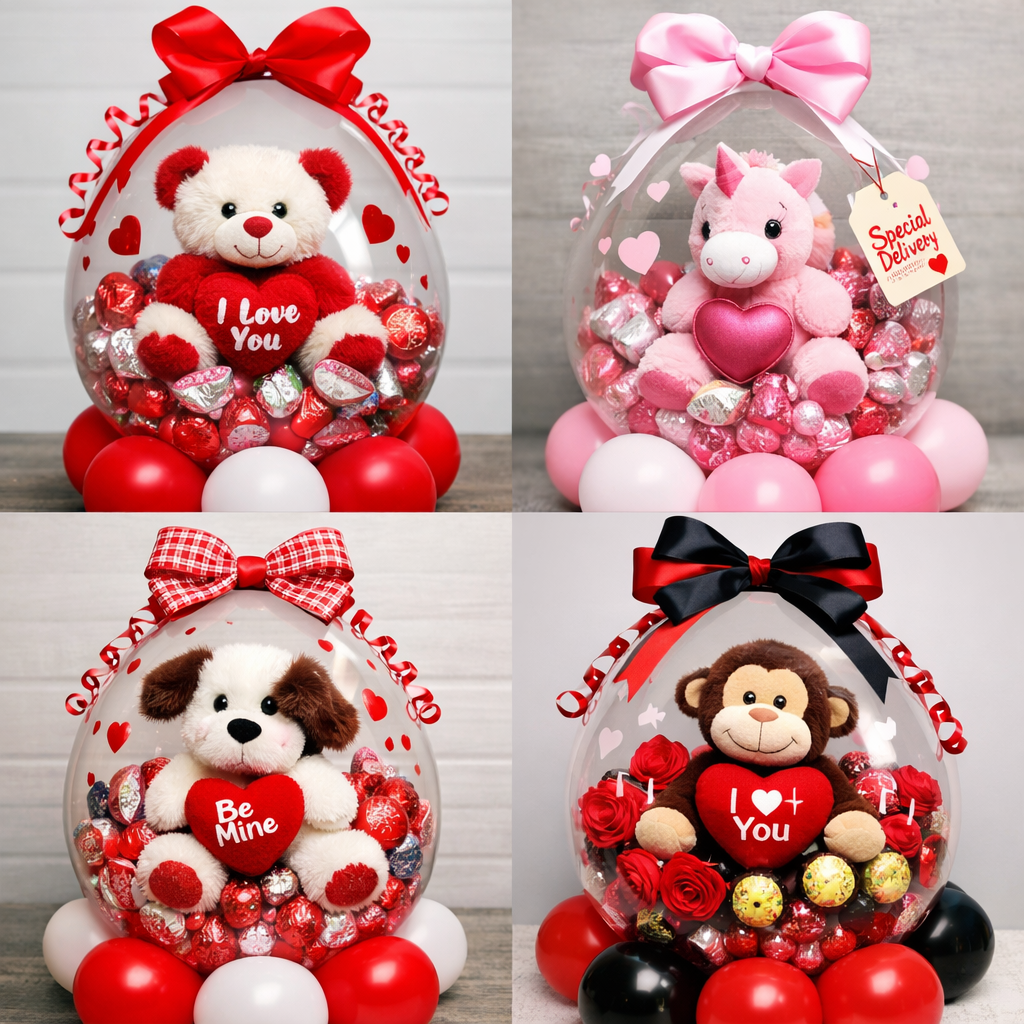 Four Valentine-themed gift sets with plush toys and candies in a ballon
