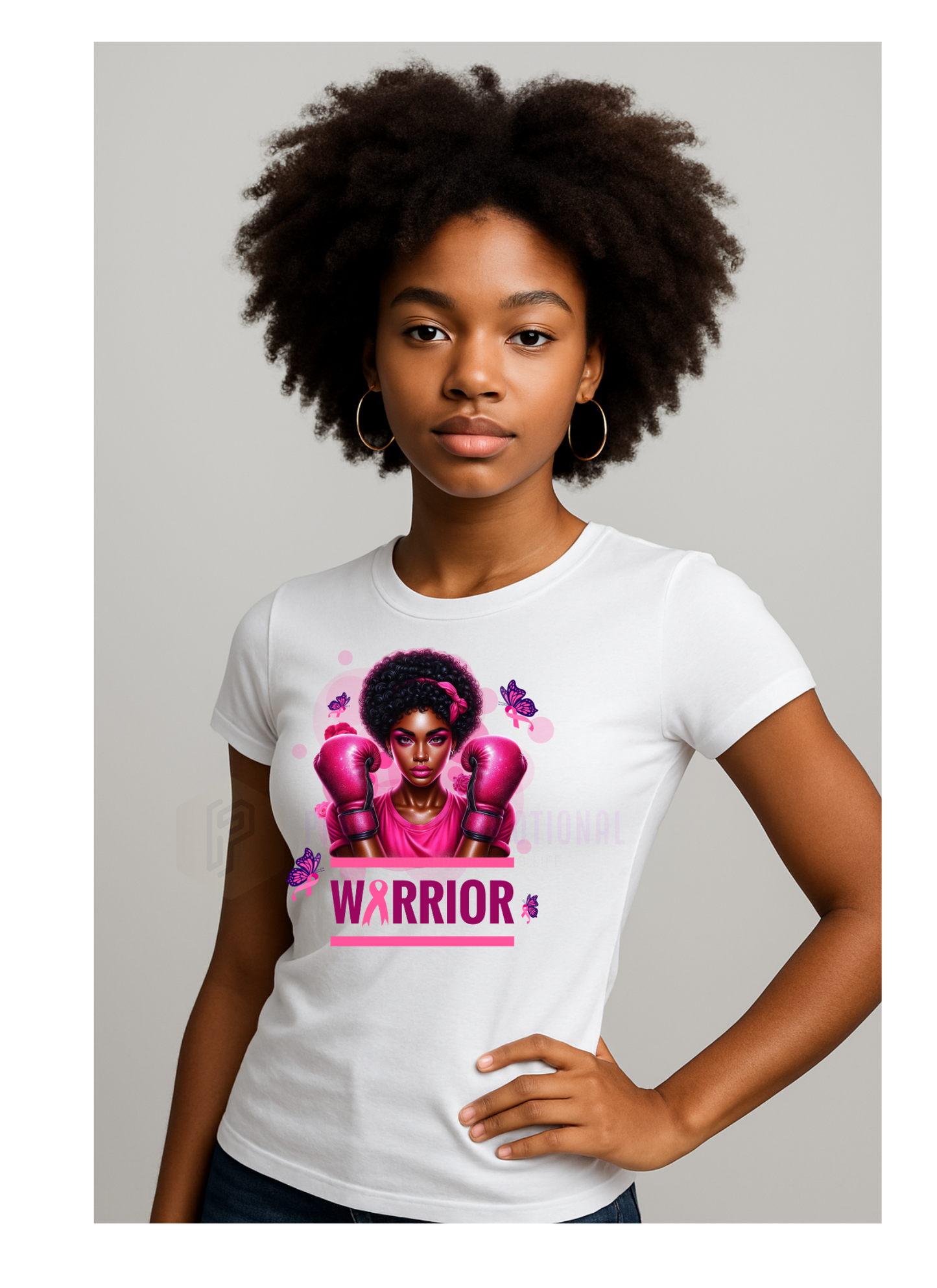 Person wearing a white t-shirt with a graphic design and the word 'Warrior' on a plain background