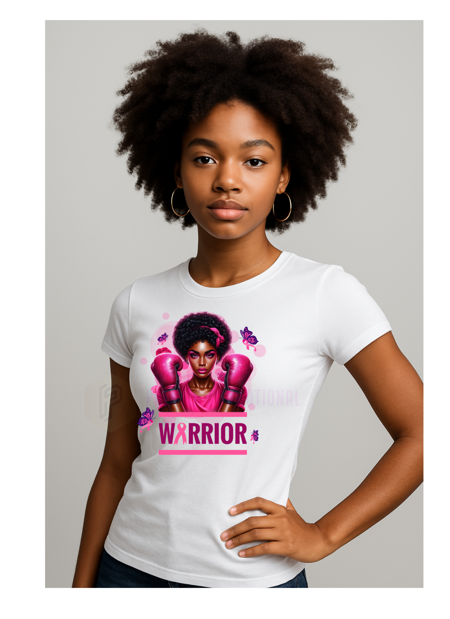 Person wearing a white t-shirt with a graphic design and the word 'Warrior' on a plain background