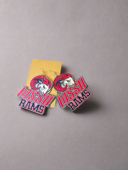 Pair of earrings with 'WSSU Rams' design on a beige background