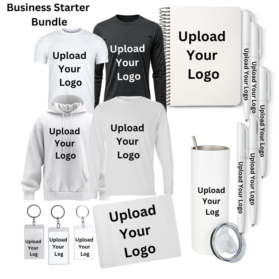 Business starter bundle with customizable products including t-shirts, hoodies, notebooks, pens, and more.