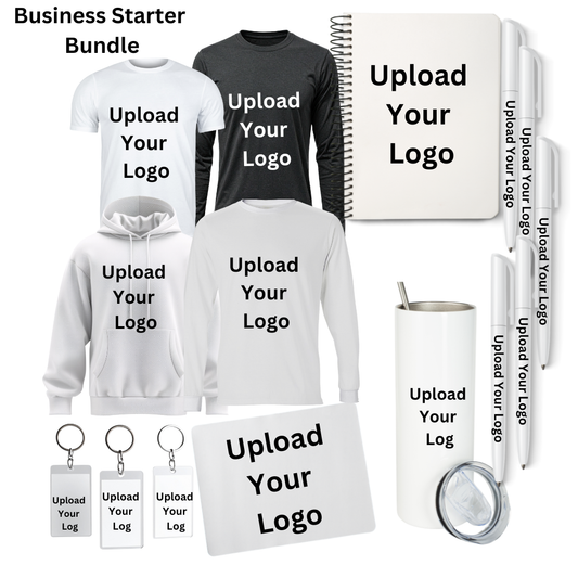Business starter bundle with customizable products including t-shirts, hoodies, notebooks, pens, and more.