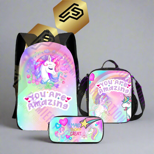 Backpack and pouch set with unicorn design and 'You are Amazing' text on a white background.